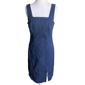 J.Crew Denim Sheath Dress Blue Square Neck Midi Front Slit AO465 Womens 4